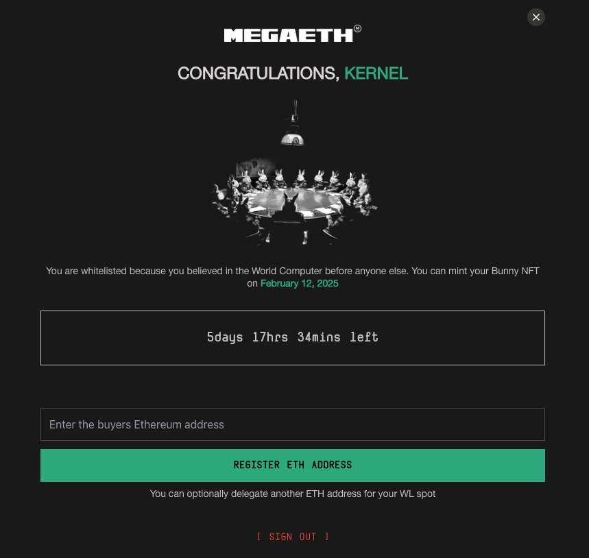 MegaEth delegation interface showing where to register ETH address